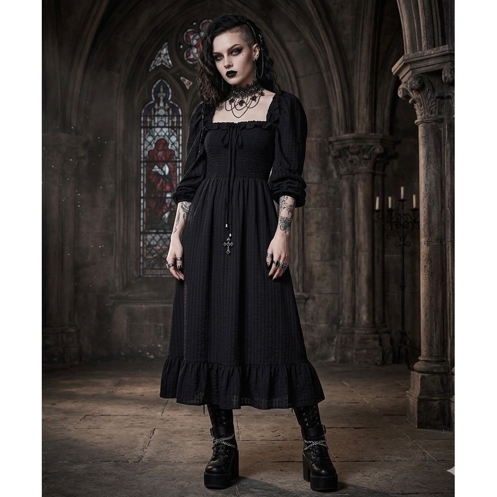 SHEIN Smocked Milkmaid Gothic Grunge Long Sleeve Maxi Dress Square Neck XS